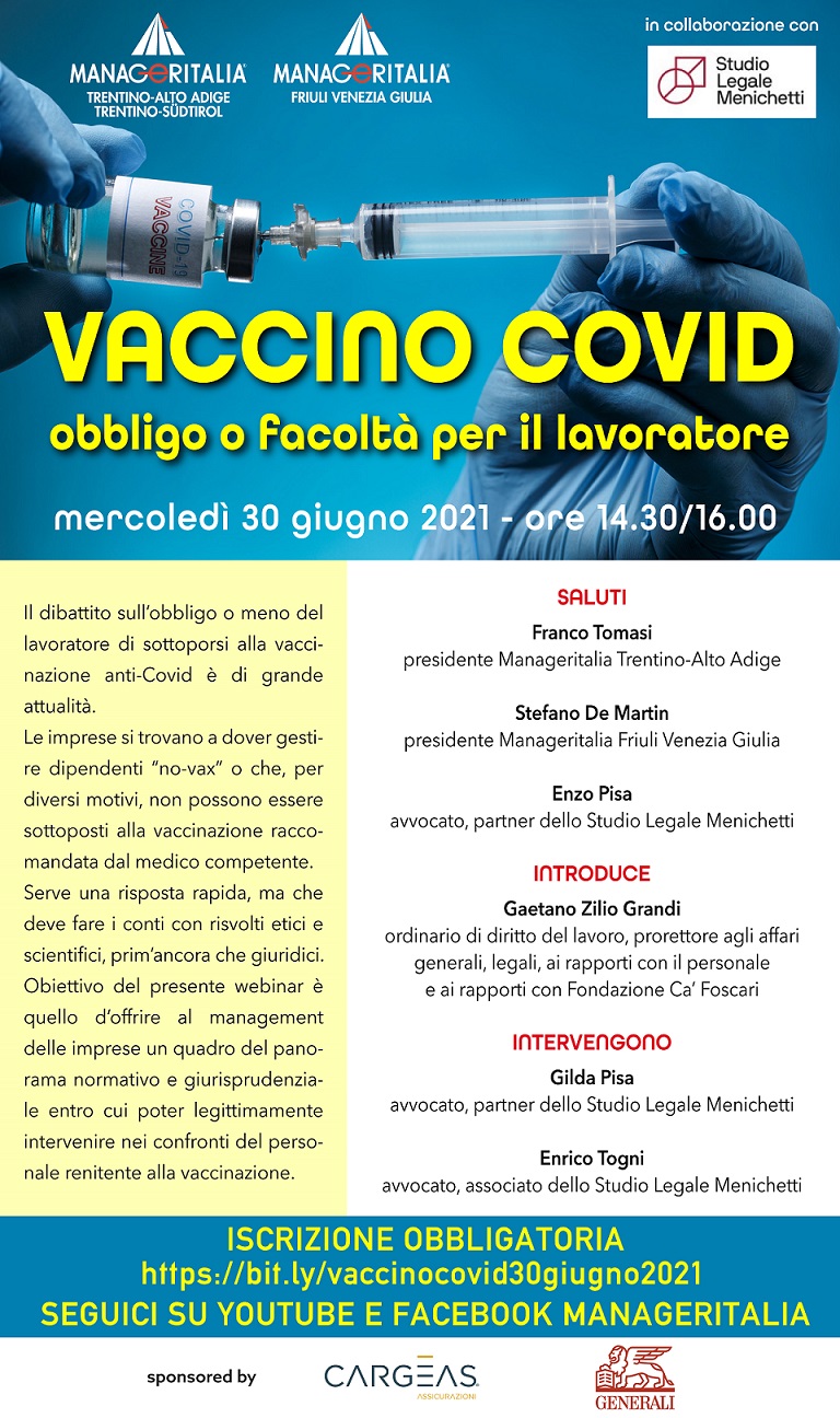 Webinar 30.06.2021: Vaccino Covid obbligo o facoltà per il lavoratore