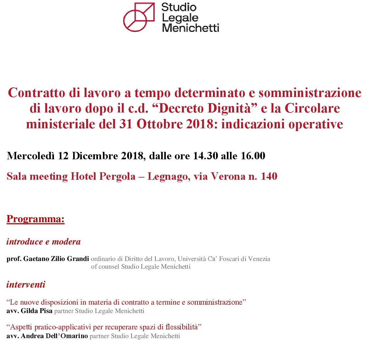 Workshop 12.12.2018: i contratti di lavoro a tempo determinato e somministrazione dopo i recenti interventi legislativi